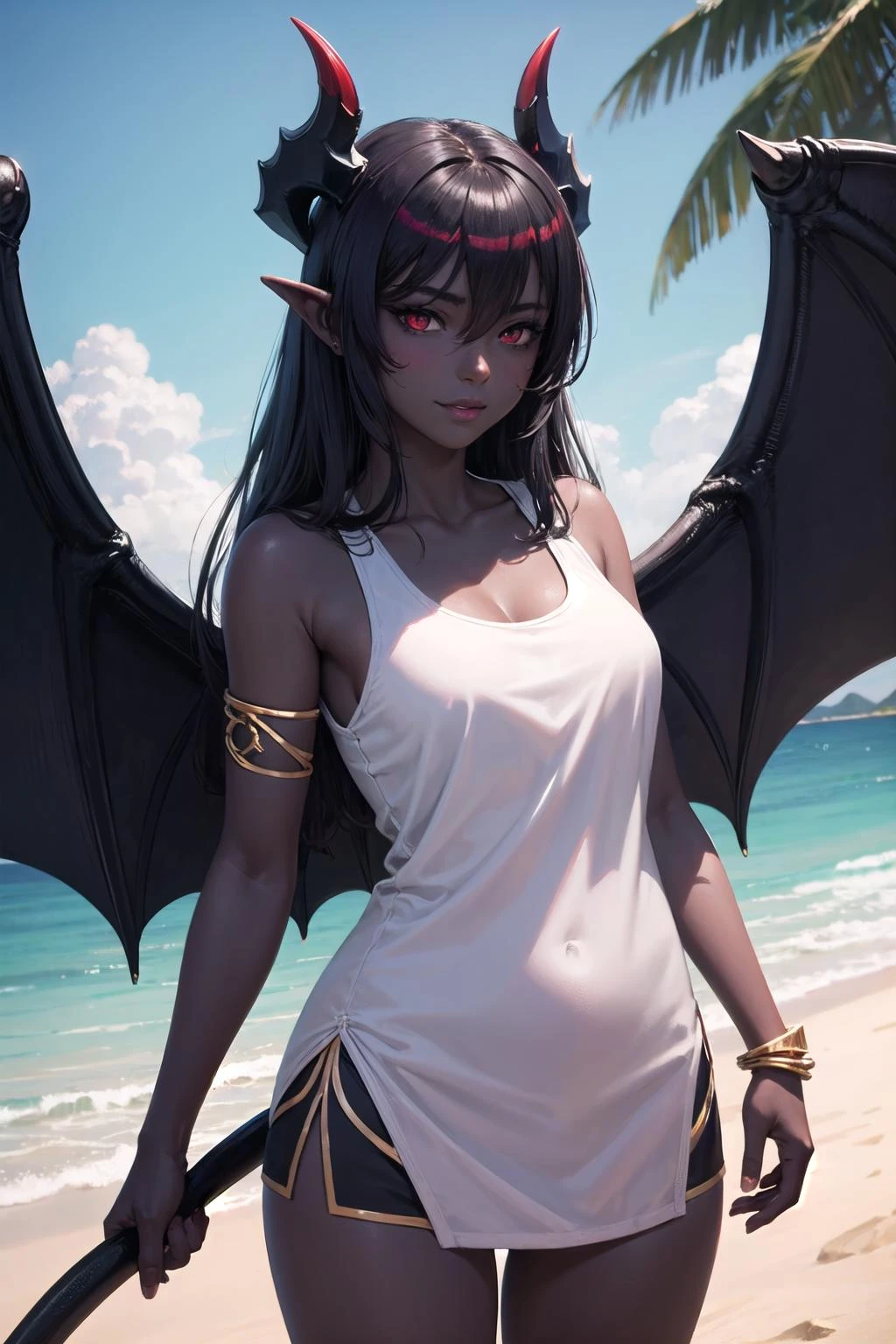 (highly detailed:1.3), 
1girl, solo, 
mgedemon, wings, tail, light smile, black sclera, outdoors, beach, (dark skin:1.2), deep skin, tan, tanlines, skindentation, tank top, 
Ultra-detail, (highres:1.1), best quality, (masterpiece:1.3), cinematic lighting,