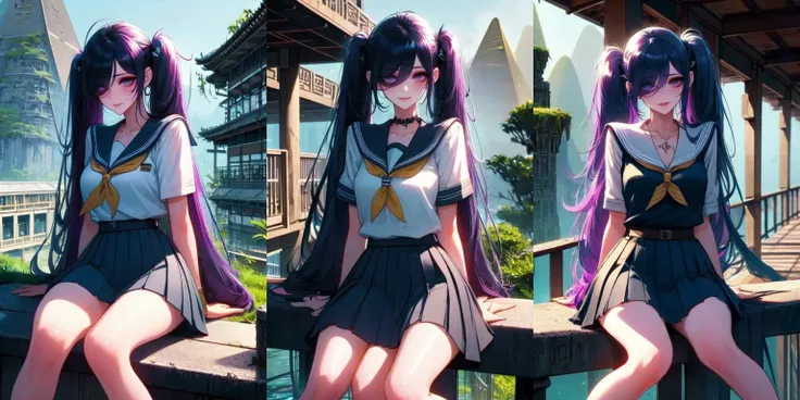 anime girl sitting on a wooden bench with purple hair