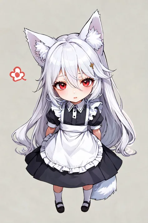 fox girl, solo, white hair, long hair, red eyes, animal ear fluff, 1girl, white fox tail, animal ears, fox ears, full body, tail, looking at viewer, hair between eyes, chibi, maid