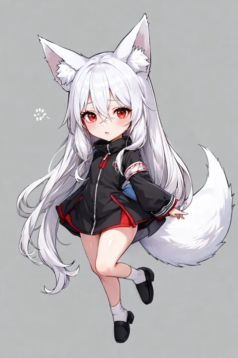 fox girl, solo, white hair, long hair, red eyes, animal ear fluff, 1girl, white fox tail, animal ears, fox ears, full body, tail, looking at viewer, hair between eyes, chibi