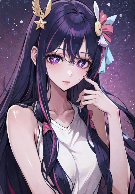 (masterpiece, best quality:1.1),    <lora:HoshinoAi_v9-000007:0.8:lbw=DEF> , Hoshino Ai, long hair, purple hair, streaked hair ,purple eyes, star-shaped pupils, hair ornament,