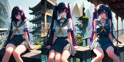 anime girl sitting on a ledge with her legs crossed