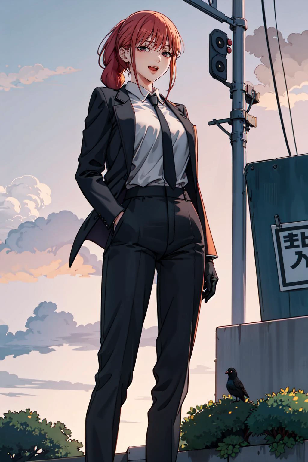 1girl, makima, braided ponytail, , bird, black gloves, black jacket, black necktie, black pants, black suit, braided ponytail, cloud, collared shirt, feet out of frame, formal, from below, glove in mouth, gloves, half-closed eyes, jacket, looking at viewer, looking down, motion blur, mouth hold, necktie, outdoors, pants, power lines, putting on gloves, red sky, ringed eyes, shirt, sky, smile, solo, standing, suit, utility pole, white shirt, masterpiece, best quality, 