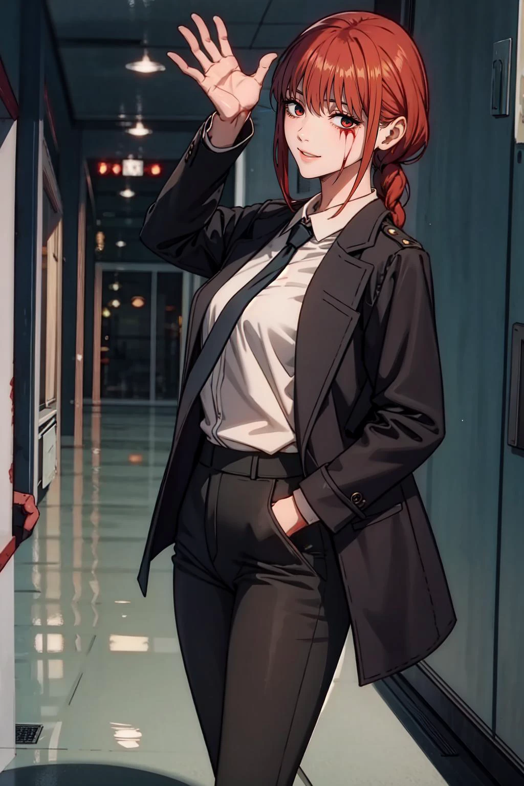 1girl, makima, black coat, black necktie, black pants, blood on ground, blood on wall, braid, braided ponytail, coat, collared shirt, dark, formal, hair over shoulder, hallway, horror (theme), looking at viewer, medium hair, necktie, pants, red hair, shirt, shirt tucked in, sidelocks, smeared blood, smile, solo, suit,  username, waving, white shirt, wide shot, masterpiece, best quality, 