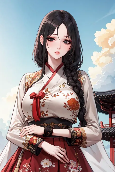 masterpiece, best quality, extremely detailed CG unity 8k wallpaper, (ultra detailed), (ultra realistic), RAW photo, photorealistic, 8k, high res, extremely detailed face, sharp focus, intricate details, absurdres, sun, cloud, wind, nature, east asian architecture, beautiful detailed sky, 1girl, (korean clothes, long sleeve, hanbok), black hair, low braid hair, parted bangs, (pale skin:1.2), black gradient eyes, glowing black eyes, <lora:hanboka-000003:0.8>