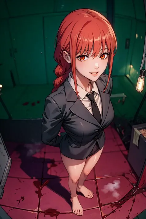 anime girl in a suit standing in a room with a red floor