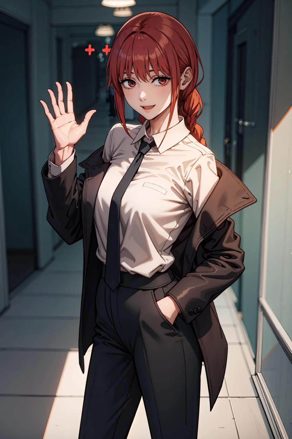 1girl, makima, braided ponytail, , black coat, black necktie, black pants, blood on ground, blood on wall, braided ponytail, coat, collared shirt, dark, formal, hallway, horror (theme), looking at viewer, necktie, pants, shirt, shirt tucked in, smeared blood, smile, solo, suit,  username, waving, white shirt, wide shot, masterpiece, best quality, 