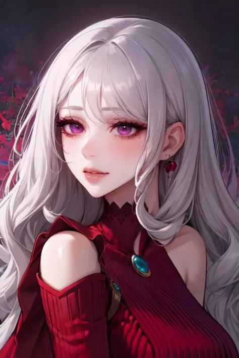 (otherworldly), highly insanely detailed, masterpiece, top quality, best quality, highres, 4k, 8k, RAW photo, (very aesthetic, beautiful and aesthetic), (Face focus, face closeup, face and shoulder only, Portrait, upper_body, face photo), 1girl, (gray eyes)   ,eyelashes_behind_hair , medium hair,platinum blonde hair, parted bangs , red clothes,  (wavy mouth:1.4), indigo lips, ,  cyan and magenta background,, (fantasy world)