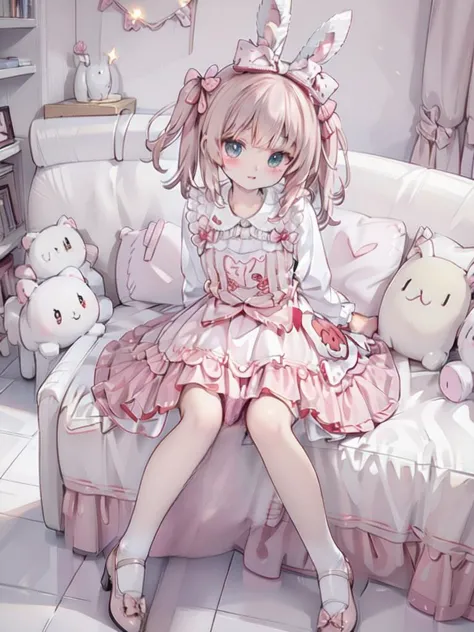 ichiban iiewo tanomu,((highly detailed illustration of sitting on sofa)),sit,ygirl, cyb dress, frilled dress, layered dress, lon...