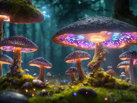 (highly detailed:1.2),(best quality:1.2),8k,sharp focus,(subsurface scattering:1.1)
(glowing magic bioluminescent mushrooms:1.2),psychadelic magic particles inthe air,  (neon bioluminescent mushroom forest at night:1.2), (magical fireflies:1.2)
(very detai...