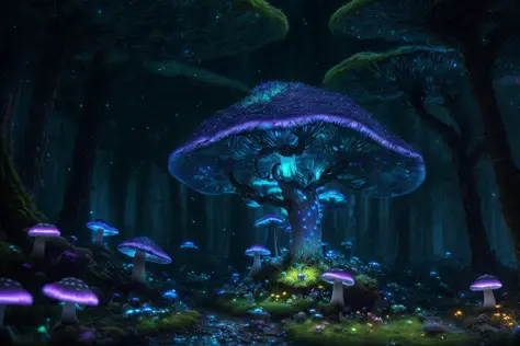 (highly detailed:1.2),(best quality:1.2),8k,sharp focus,(subsurface scattering:1.1)
(glowing magic bioluminescent mushrooms:1.2),psychadelic magic particles inthe air,  (neon bioluminescent mushroom forest at night:1.2), (magical fireflies:1.2)
(very detai...