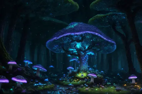 (highly detailed:1.2),(best quality:1.2),8k,sharp focus,(subsurface scattering:1.1)
(glowing magic bioluminescent mushrooms:1.2),psychadelic magic particles inthe air,  (neon bioluminescent mushroom forest at night:1.2), (magical fireflies:1.2)
(very detailed trees and rocks and moss:1.2), (highly detailed background:1.3), RPG, Elden Ring style, (fantasy:1.3),(hyperrealistic:1.2), cinematic lighting, highly detailed, artstation,smooth, sharp focus, artgerm, greg rutkowski, editor's pickup, trending on artstation, trending on deviantart, wlop