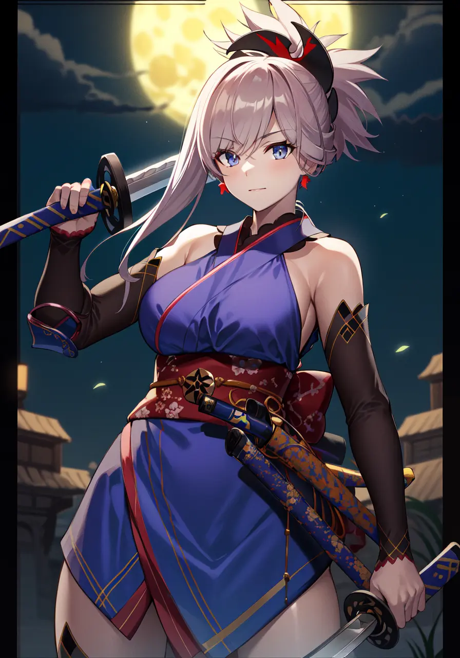 masterpiece, best quality, high resolution,
Saber1, Default Kimono, 1girl, solo, weapon, sword, katana, holding, dual wielding, sheath, looking at viewer, breasts, holding weapon, moon, holding sword, night, large breasts, full moon, border, long hair, unsheathed, cowboy shot, night sky, sky
