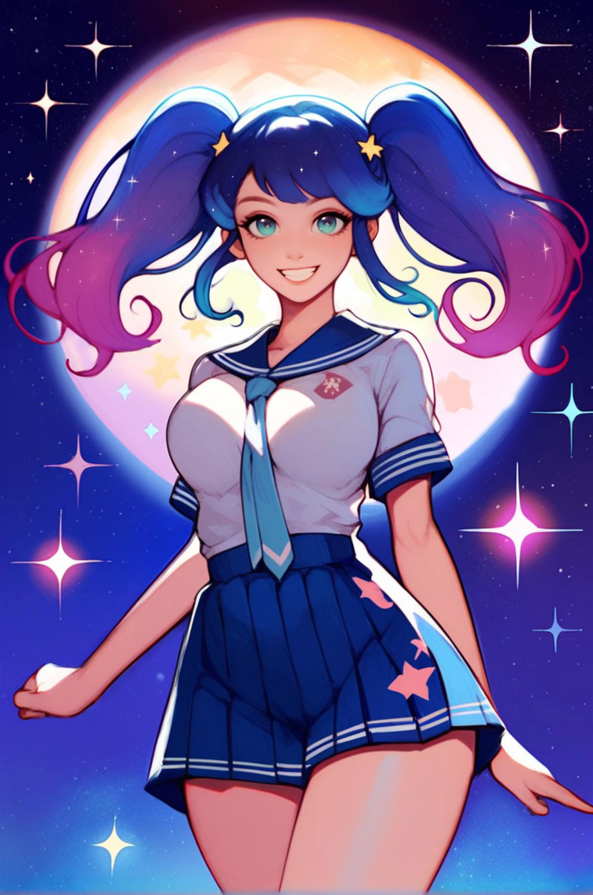 space-themed one girl, slight smile, happy look, long hair, pigtails, medium breasts, thin waist, toned hips, pastel colors, in  uniform, looking at viewer score_9, score_8_up, score_7_up . cosmic, celestial, stars, galaxies, nebulas, planets, science fiction, highly detailed