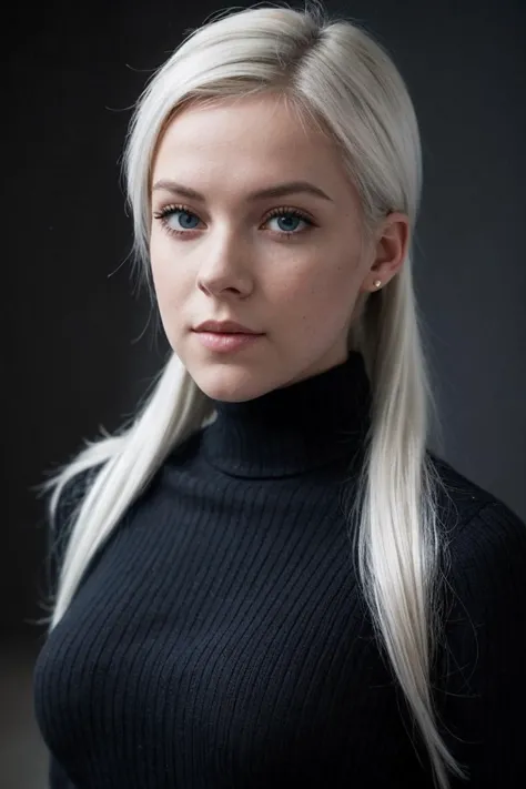 a woman with long white hair and a black turtle neck sweater