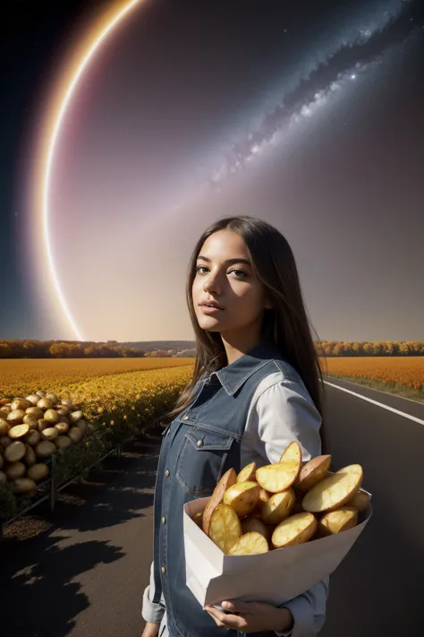 a woman holding a bowl of potatoes on a road