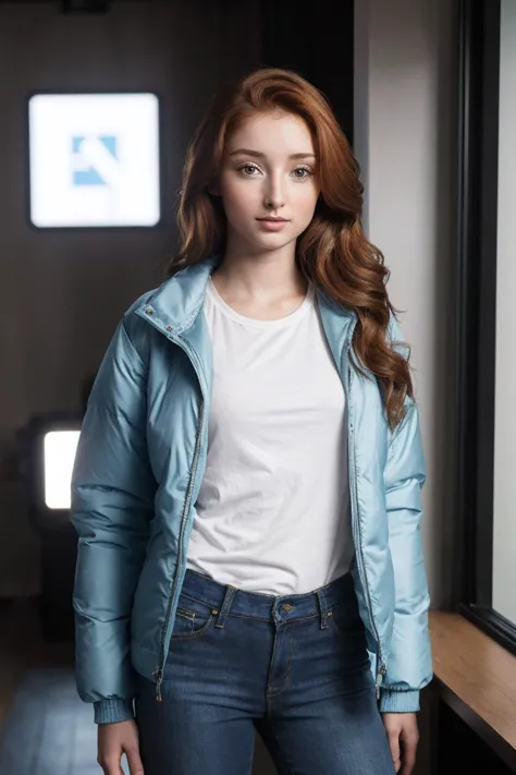 a woman in a blue jacket and jeans standing in a room