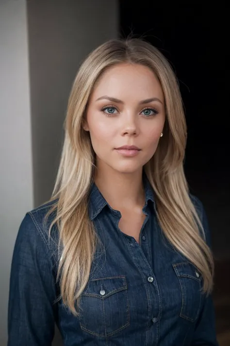 a woman with long blonde hair and blue shirt posing for a picture