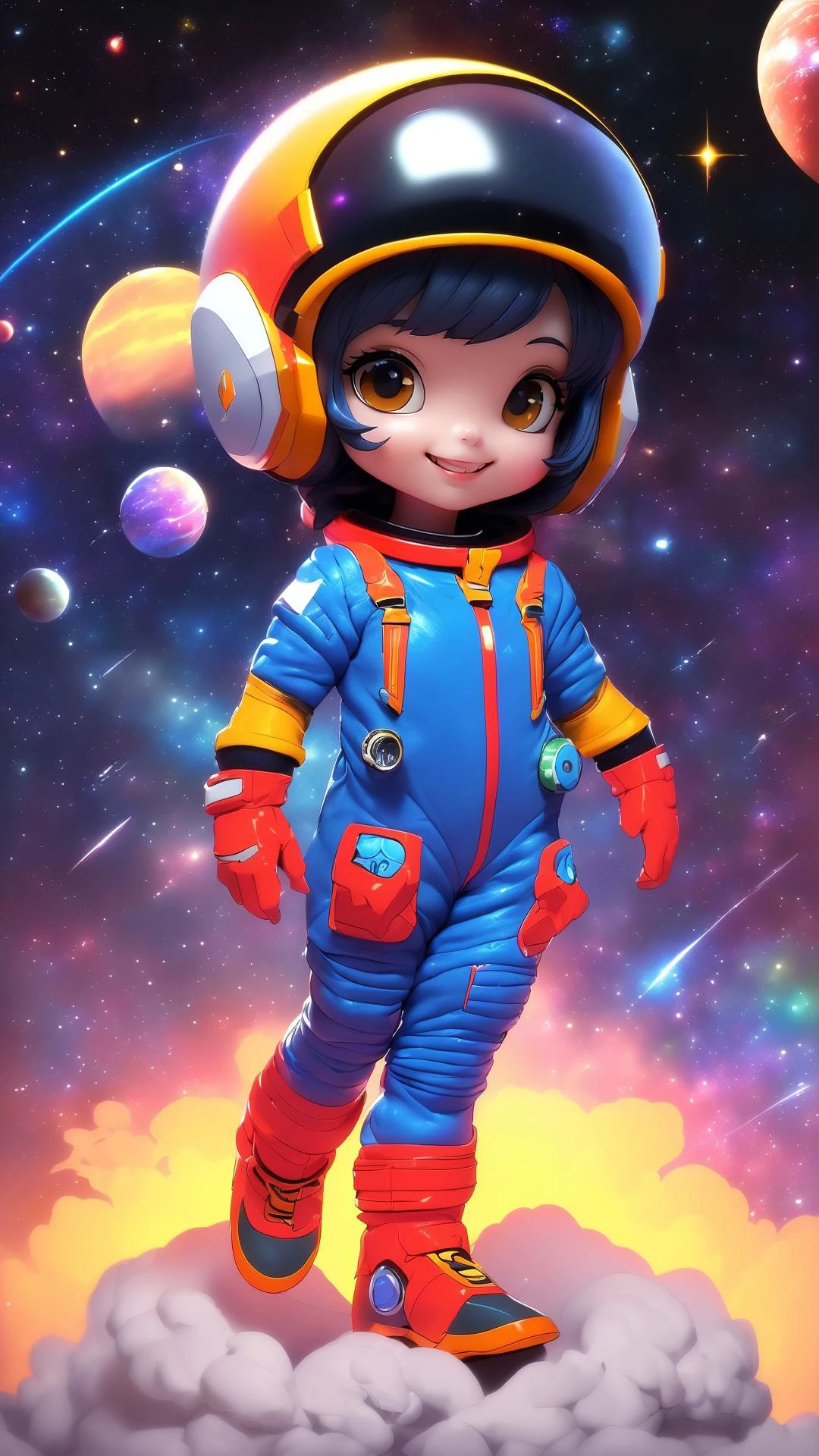 (8K, masterpiece, best quality:1.5),
3dcharater, Chibi, cute, 1girl, solo, smile,
(full body), (colorful spacesuit:1.4), (helmet, gloves), ((dynamic poses)),
waves, cloud, (space background),