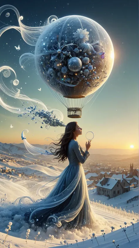 Art numérique ElementWind, surréaliste, vapeurpowered hot air balloon, flottant, au-dessus de, paysage urbain futuriste, neige globe, effet papillon, orné, complexe, engrenages, vapeur, neige, Tourbillonnant, surréaliste, atmosphérique, embrasé, néon, lumières de la ville, nuit, Étoiles scintillantes, surréaliste, capricieux, Onirique, magique, complexe, orné, vapeurpunk, ancien, Altéré, rouillé, neige globe, surréaliste, capricieux, fantaisie, neige, neigeflakes, se brouiller, bokeh, profondeur de champ,une femme chilienne récoltant du raisin dans un vignoble sous le soleil couchant, soufflant des stries éthérées, (chef-d&#39;œuvre:1.3) (Meilleure qualité:1.2) (Haute qualité:1.1)