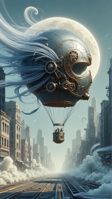 ElementWind Heißluftballon, Jahrgang, Zeitreise, steampunk, Messing, Getriebe, Leder, altmodische Laternen, Mondheller Himmel, Wolken, neblig, schwebend, geheimnisvoll, kompliziert, ausführlich, magisch, wunderlich, atmosphärisch, Zauberhaft, ausführlich, leuchtende Farben, dramatische Beleuchtung, Konzeptkunst, Illustration, artstation, Hintergrund, Splash Art, Werbekunst,trostlose realistische Porträt eines maskierten Diesel-Punk-Helms auf den Art-Deco-Straßen der Großstadt, artstation, award - winning realistic sci - fi Konzeptkunst by jim burns and greg rutkowski, Beksinski, ein Meisterwerk des Realismus, gedämpfte Farbpalette, James Gillard, bruegel, Alphonse Mucha, und Yoshitaka Amano Wind, ätherische Streifen wehen, (Meisterwerk:1.3) (beste Qualität:1.2) (gute Qualität:1.1)