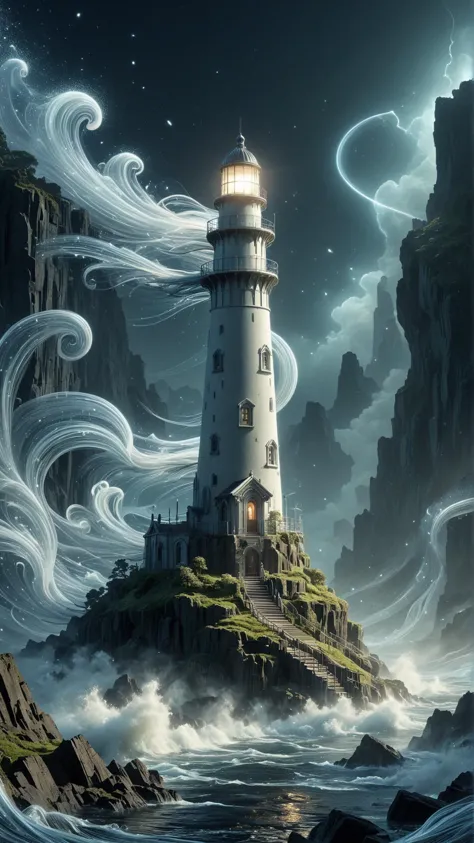<lora:ElementWindSDXL:1>ElementWind a lighthouse beam cutting through the night, revealing various landscapes,Fantasy illustrati...