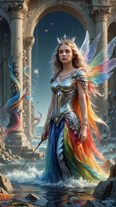 <lora:ElementWindSDXL:1>ElementWind girl wearing a sequined rainbow-colored cape, tiara, and carrying a diamond-encrusted handba...