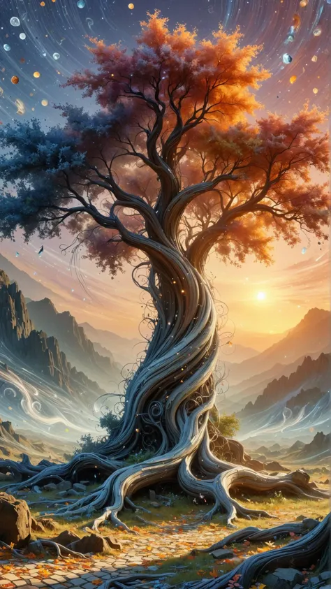 <lora:ElementWindSDXL:1>ElementWind Digital art mosaic of an ancient tree, vivid colors, intricate patterns, stories etched on t...