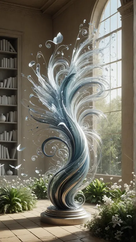 <lora:ElementWindSDXL:1>ElementWind A serene, realistic 3D render of a garden filled with various glass sculptures, shimmering i...