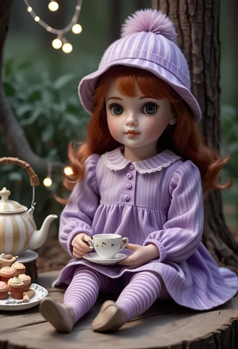 (medium full shot) of (charming doll)  dressed in a lavender vintage tunic, striped leggings, ballet flats, cute freckles, woolen hat, having a tea party, located in  a magical picnic, featuring twinkling lights, enchanting snacks, whimsical toys, a lovely afternoon , ,Masterpiece,best quality, raw photo, realistic, very aesthetic, dark