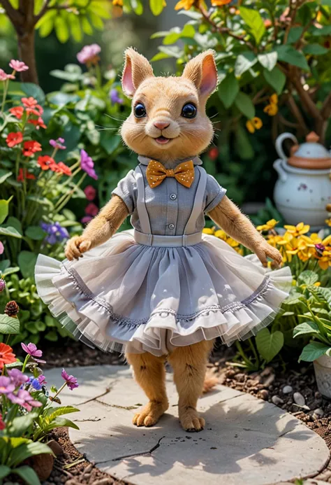 (medium full shot) of (sweet doll)  dressed in a light gray bow-tie top, tulle petticoat, miniature sandals, cute freckles, litt...