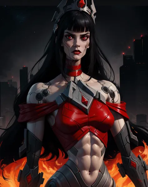 Ambra,long hair,blunt bangs,facial mark,red sclera,red eyes,
android,robot joints,
red top,midriff,bare shoulders,red choker,gem,
serious,large crown,
cyberpunk,stars,flames,
(insanely detailed, masterpiece, best quality),