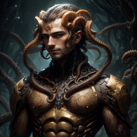 UHD, best quality, 4k, (upper body), 3/4, male [octopus man], (light smile:0.5), detailed face, (biological skin:1.21), breathtaking background, (seductive pose), biomech, masterpiece, best quality, absurdres, high details, amazing body, BREAK ((at distance, cowboy shot)), pose, detailed, intricate  