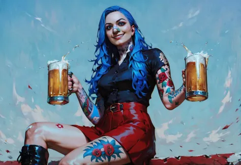 arafed woman with blue hair and tattoos holding two beer mugs