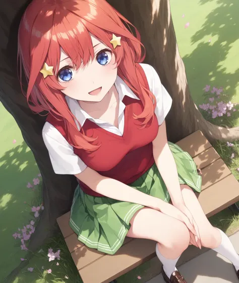 anime girl sitting on a bench in front of a tree