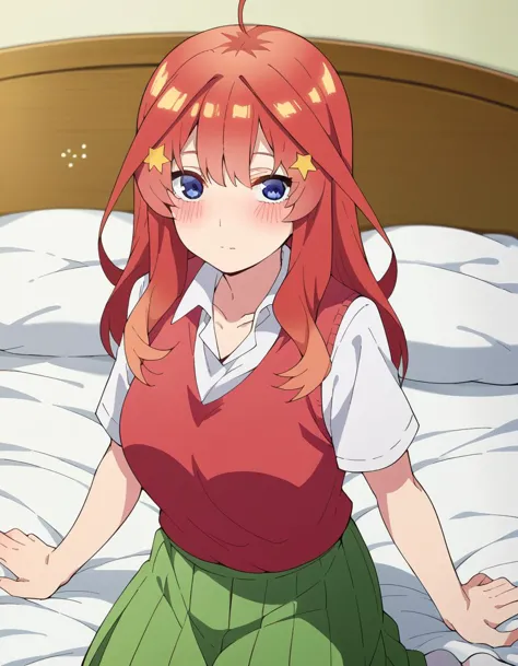 anime girl with red hair and green skirt sitting on a bed