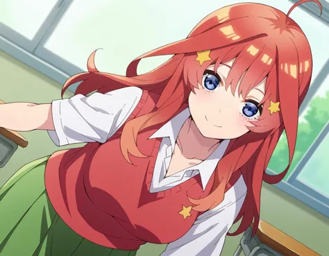 anime girl with long red hair and green skirt in a classroom