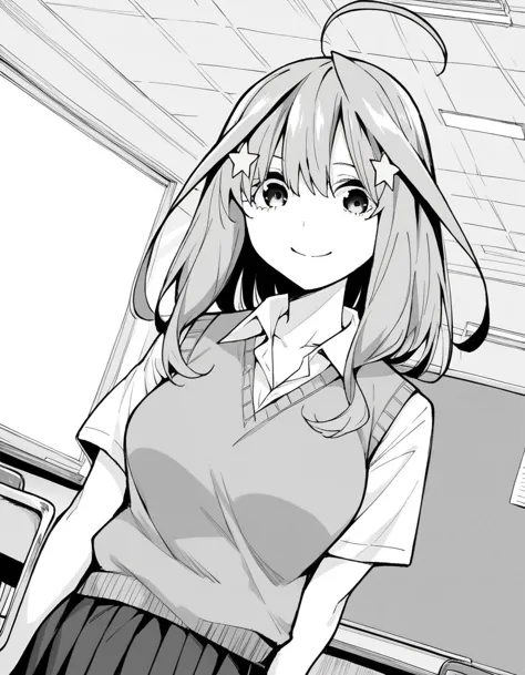 anime girl in school uniform standing in front of a desk