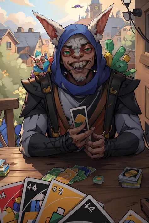 (masterpiece, best quality, absurdres, 4k, aesthetic, detailed, intricate, perfect lighting),<lora:unomeme_v1:0.7>  unomeme,playing card game, across table,1boy,meepo, hood, animal ears, green eyes, teeth, grin, furry, <lora:Meepo:0.9>