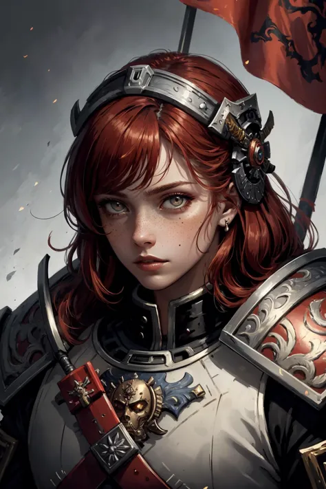 (masterpiece, best quality),  stylized digital art, abstract and colorful paint style,
1 girl, adult  woman, freckles, grey eyes, auburn lob hair,
portrait, solo, upper body, looking down, detailed background, detailed face, (warhammer 40k theme:1.1), samurai, black samurai armor, samurai helmet,     banner in background,  cinematic atmosphere,
<lora:grullborgCopycat_grullborgStyleR8V4:0.3>,