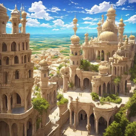 there is a large castle with a lot of towers and a sky background