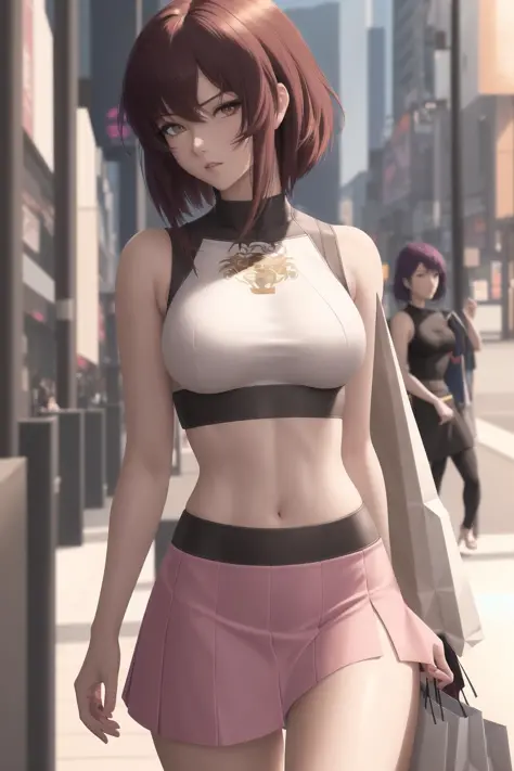 {{{masterpiece}}}, {{detailed}}, {detailed background}, {best quality}, high quality, high-definition, 4k, lights, glares, {detailed eyes}, motoko kusanagi, shoulder length messy brown hair, heterochromia red and grey, white crop top with black symbols and pink skirt, happy, shopping, Full body Beautiful anime style woman, clean detailed faces, intricate clothing, analogous colors, glowing shadows, beautiful gradient, depth of field, clean image, high quality, high detail, high definition, Luminous Studio graphics engine, cute face, slim waist, nice hips,