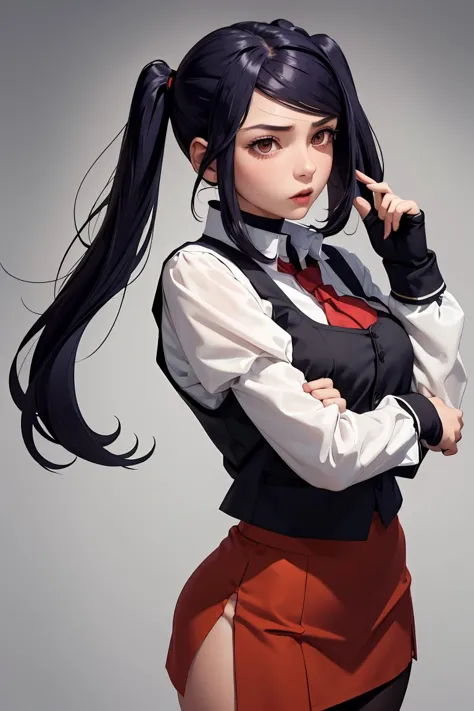 anime girl with long black hair and a red skirt posing