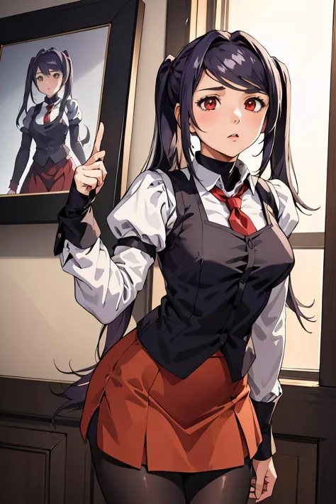 anime girl in uniform pointing at a picture of a picture