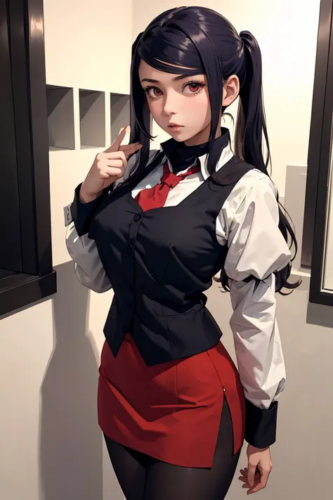 anime girl in uniform posing in front of a mirror