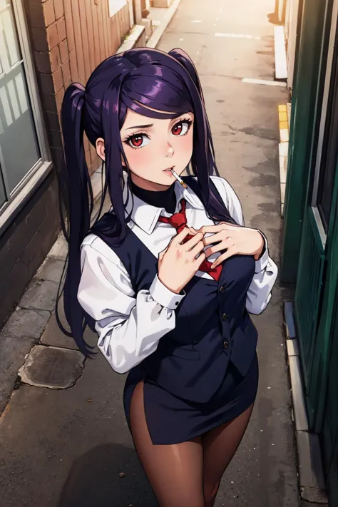 masterpiece, best quality, <lora:jillstingray-nvwls-v1-000009:0.9> defJill, twintails, turtleneck, collared shirt, long sleeves, red necktie, vest, black skirt, pantyhose, from above, looking at viewer, alleyway, cigarette in mouth, smoke