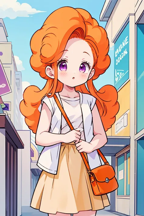 (masterpiece, best quality), 1girl,   <lora:cocoangela_v5_prod:1> angela, orange hair, purple eyes, curly hair, long hair   white t-shirt, teal skirt, short sleeves || yellow dress, white open sweater, sleeveless, handbag, shoulder strap