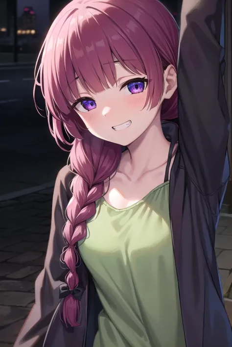 anime girl with long pink hair and purple eyes posing for the camera