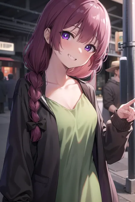 anime girl with long hair and purple eyes standing on a sidewalk