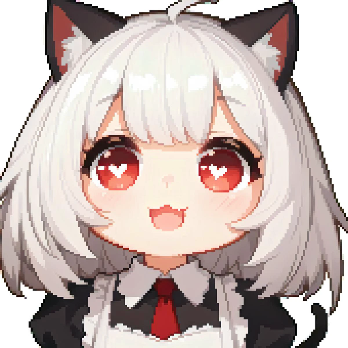 absurdres, 1girl, red eyes, white hair, short hair, wide-eyed, eyelashes, looking at viewer, twitchemote, white background, upper body, chibi, (:D, :3:1.0), facing viewer, simple background, cat ears, maid, heart-shaped pupils, open mouth, blunt bangs, ahoge, short sleeves, blush